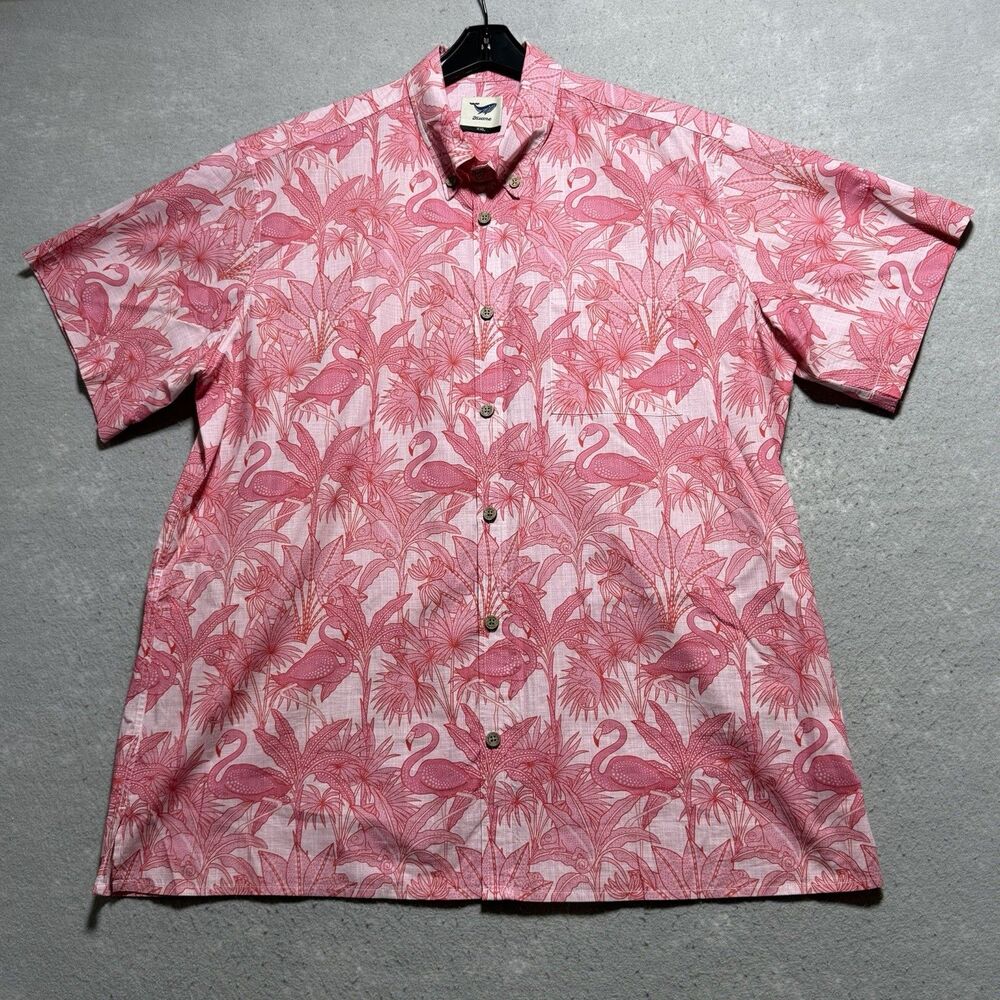 Yiume Button Down Shirt Men’s XXL Floral Pink Flamingo Short Sleeve Cotton 2XL